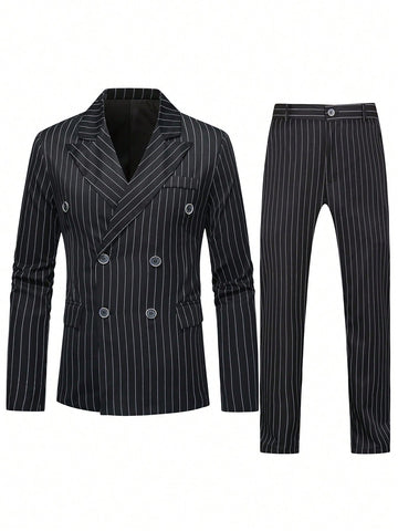 Men Striped Double Breasted Blazer & Suit Pants Set