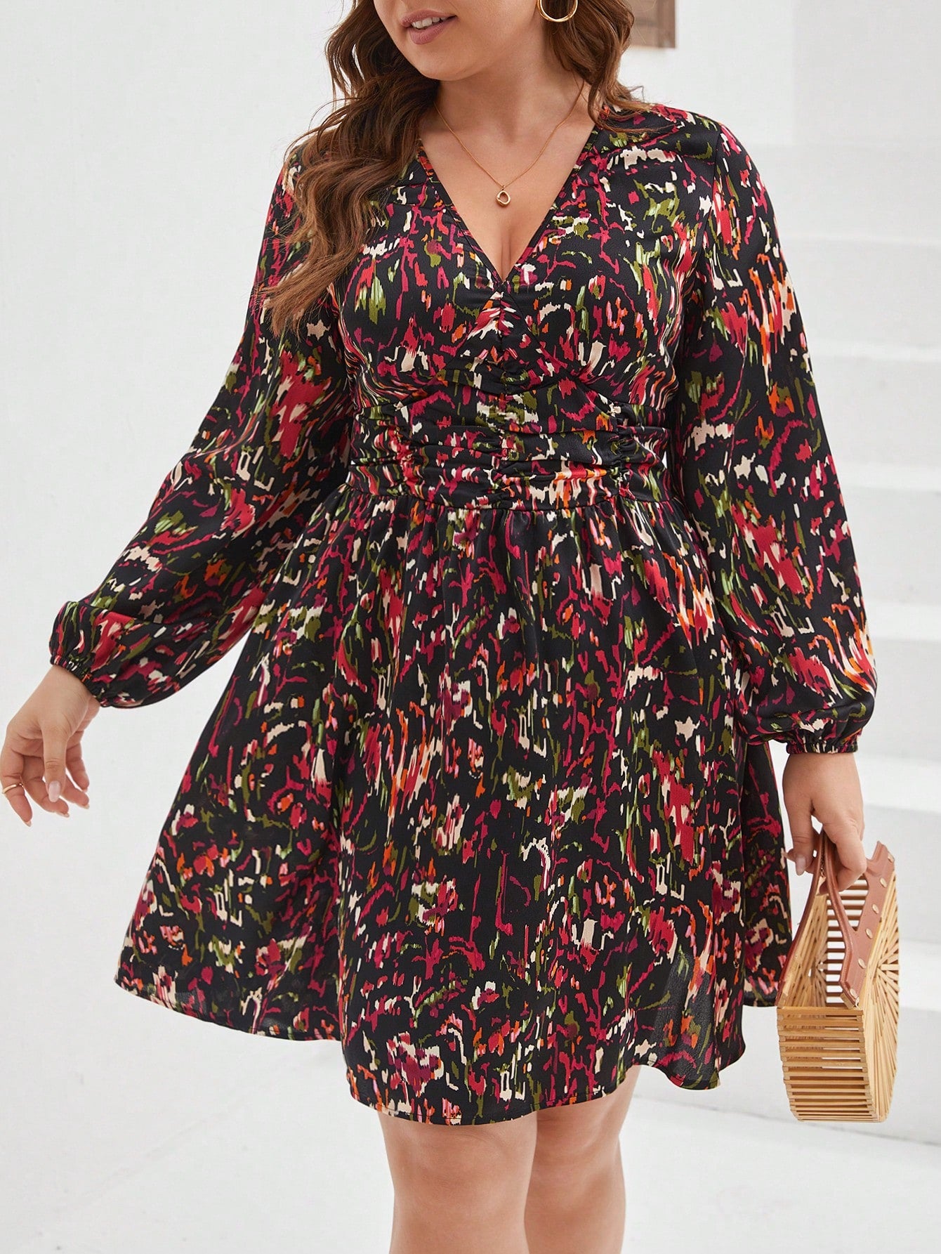 Plus Size Women's Printed Lantern Sleeve Dress