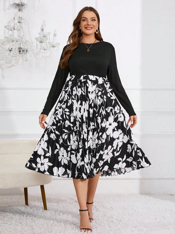 Plus Size Floral Print Long Sleeve Dress