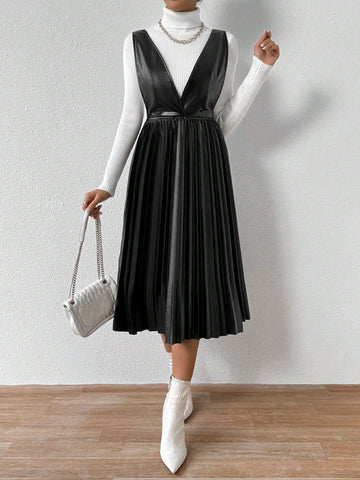 Pleated Hem Pu Leather Suspender Dress