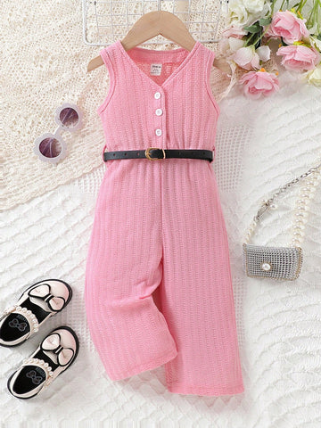 Baby Girl's Jacquard Textured Pink Vest With Belt Jumpsuit