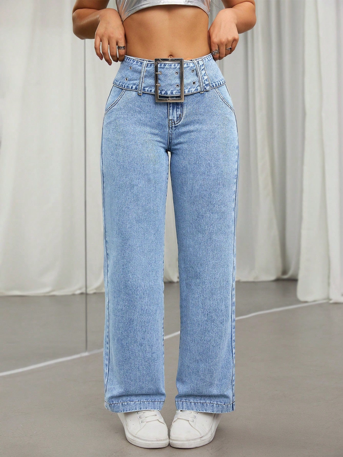 Buckle Belted Straight Leg Jeans