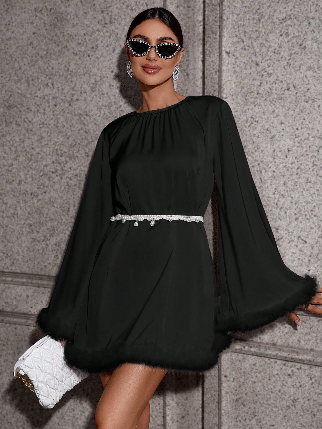 Fuzzy Trim Trumpet Sleeve Dress Without Belt