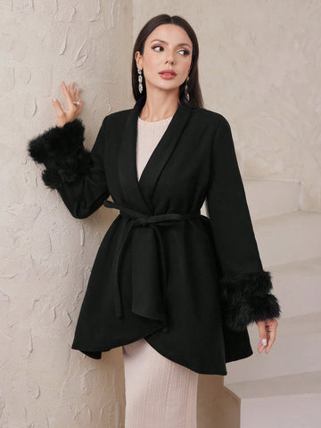 Women'S Woolen Jacket With Plush Cuffs, Shawl Collar, Waist Belt