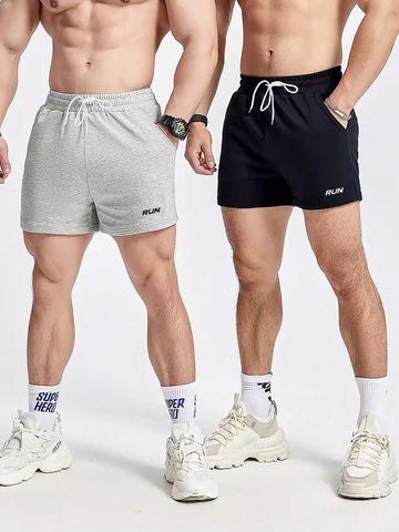 2pcs Men'S Letter Print Sport Shorts With Slant Pocket