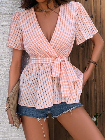 Women'S Plaid Short Puff Sleeve Shirt With Belt