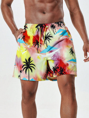 Men'S Tie Dye Coconut Tree Printed Drawstring Waist Beach Shorts