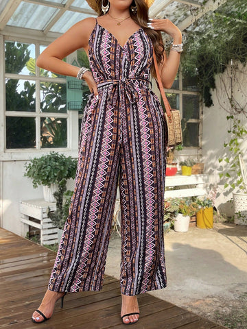 Plus Size Geometric Printed Jumpsuit With Belt