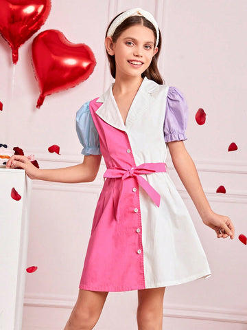 Tween Girls' Colorblock Suit Collar Puff Sleeve Detachable Belt Elegant Style Dress