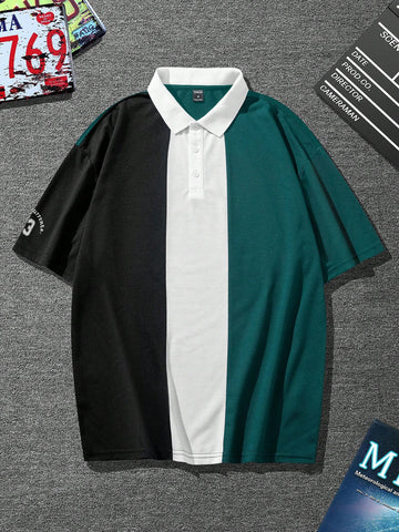 Loose-Fit Men's Polo Shirt With Letter Print And Contrast Color Short Sleeves