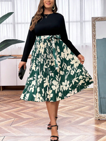 Plus Size Women's Floral Print Splice Pleated Dress