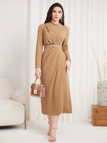 Women'S Stand Collar Long Sleeve Pleated Dress