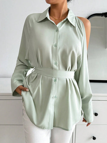 Open Shoulder Hollow Out Sleeve Solid Color Shirt With Back Tie