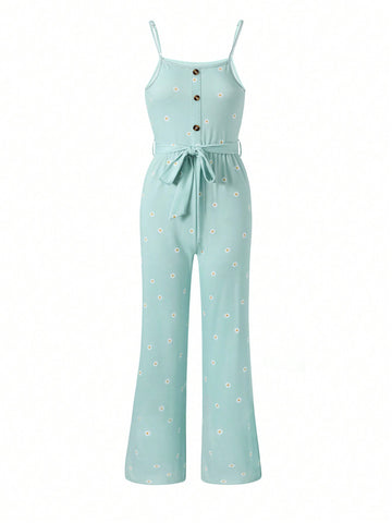 Teen Girls' Casual Cute Daisy Print Spaghetti Strap Jumpsuit For Street Fashion