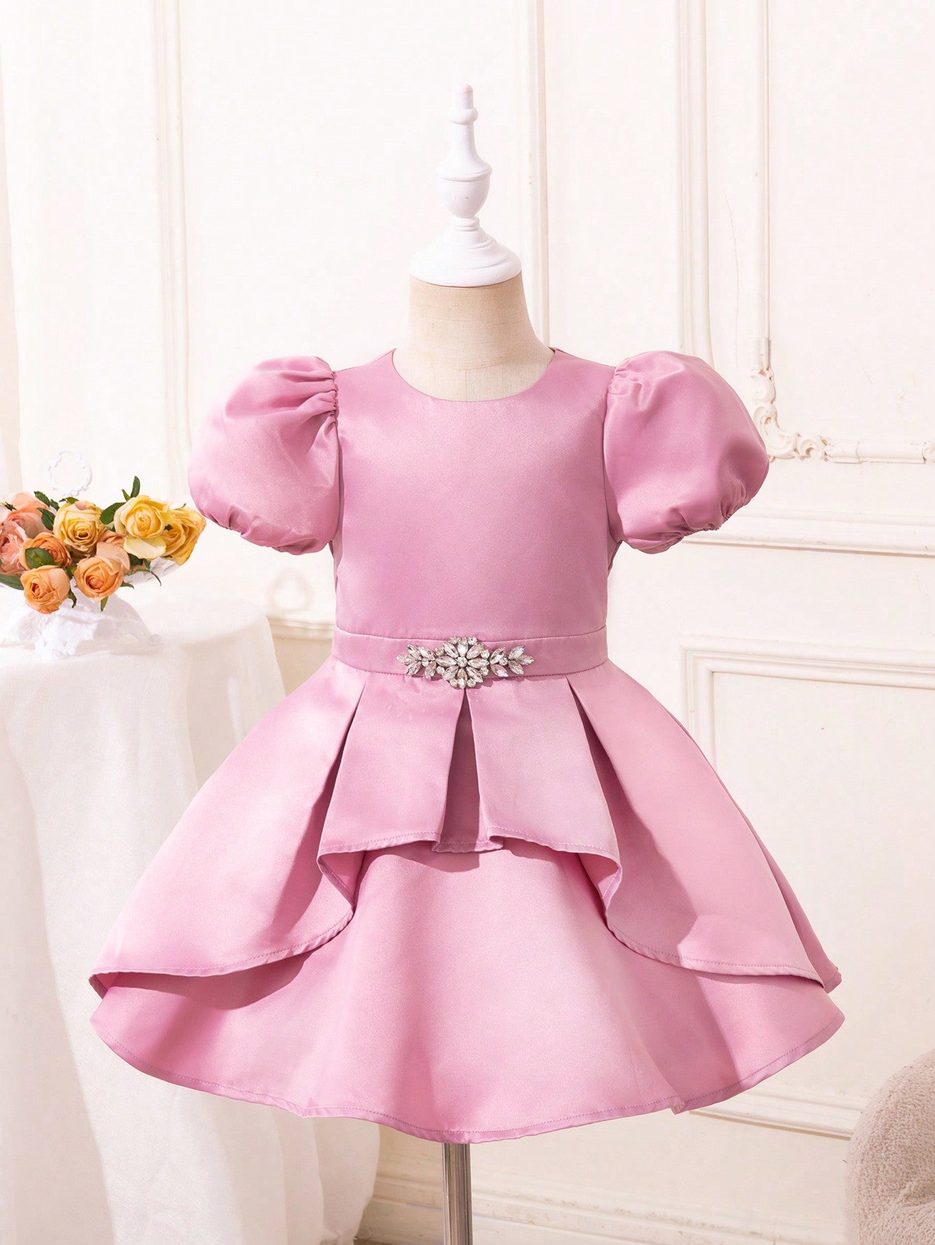 Toddler Girls' Satin Puff Short Sleeve Dress With Round Neckline For Wedding Season