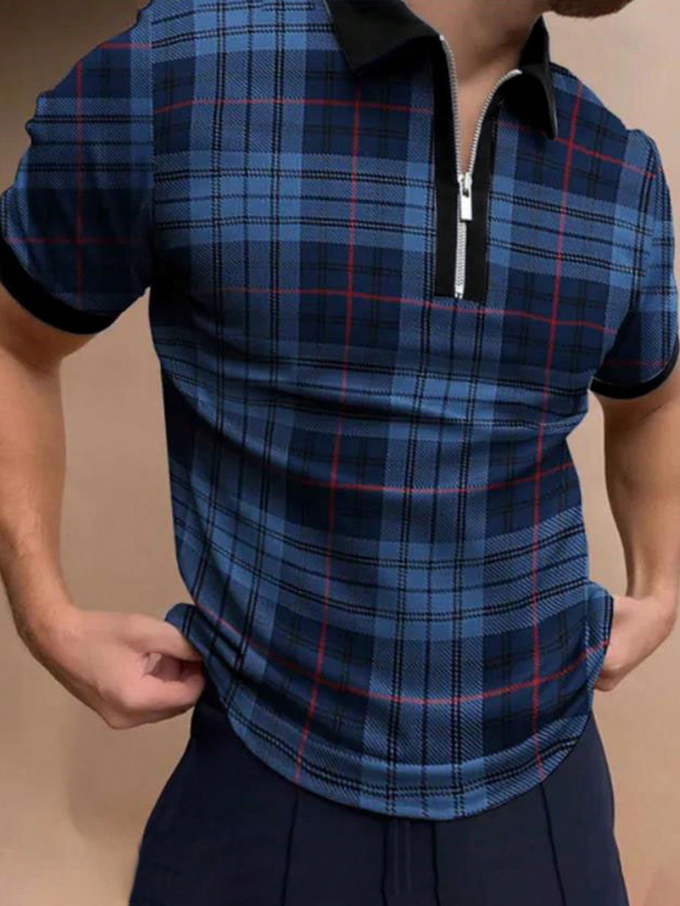 Men'S Grid Pattern Short Sleeve Half-Zipper Polo Shirt