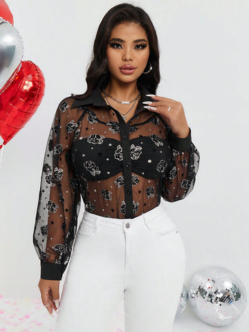 1pc Lantern Sleeve Floral Embroidery Mesh Shirt