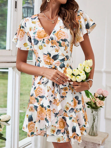 Vacation Floral Print Ruffle Sleeve Belted Maxi Valentine Day Dress