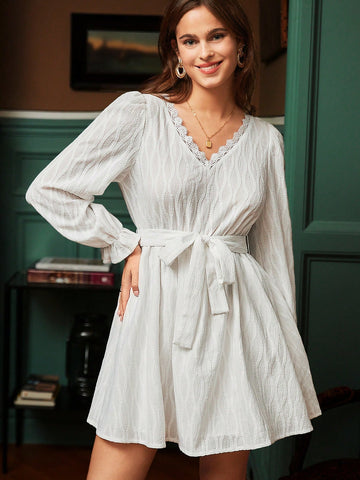 White Dress Lace Trimmed Ruffle Sleeve Dress