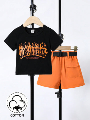 Baby Boys' Letter & Flame Print Short Sleeve T-Shirt And Shorts Set