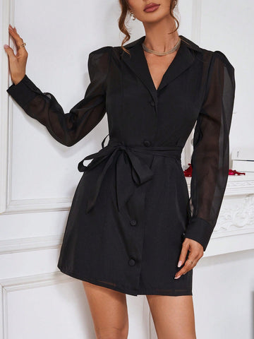 Chiffon Puff Long Sleeve Belted Shirt Dress