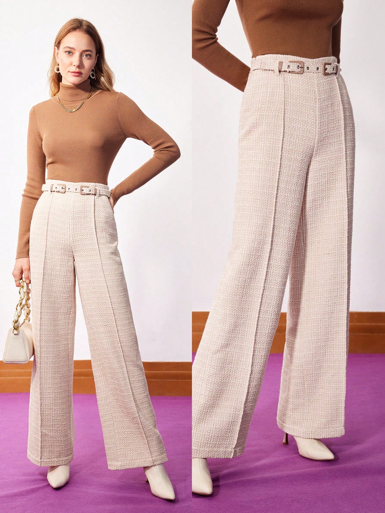 BELTED TWEED SUIT PANTS