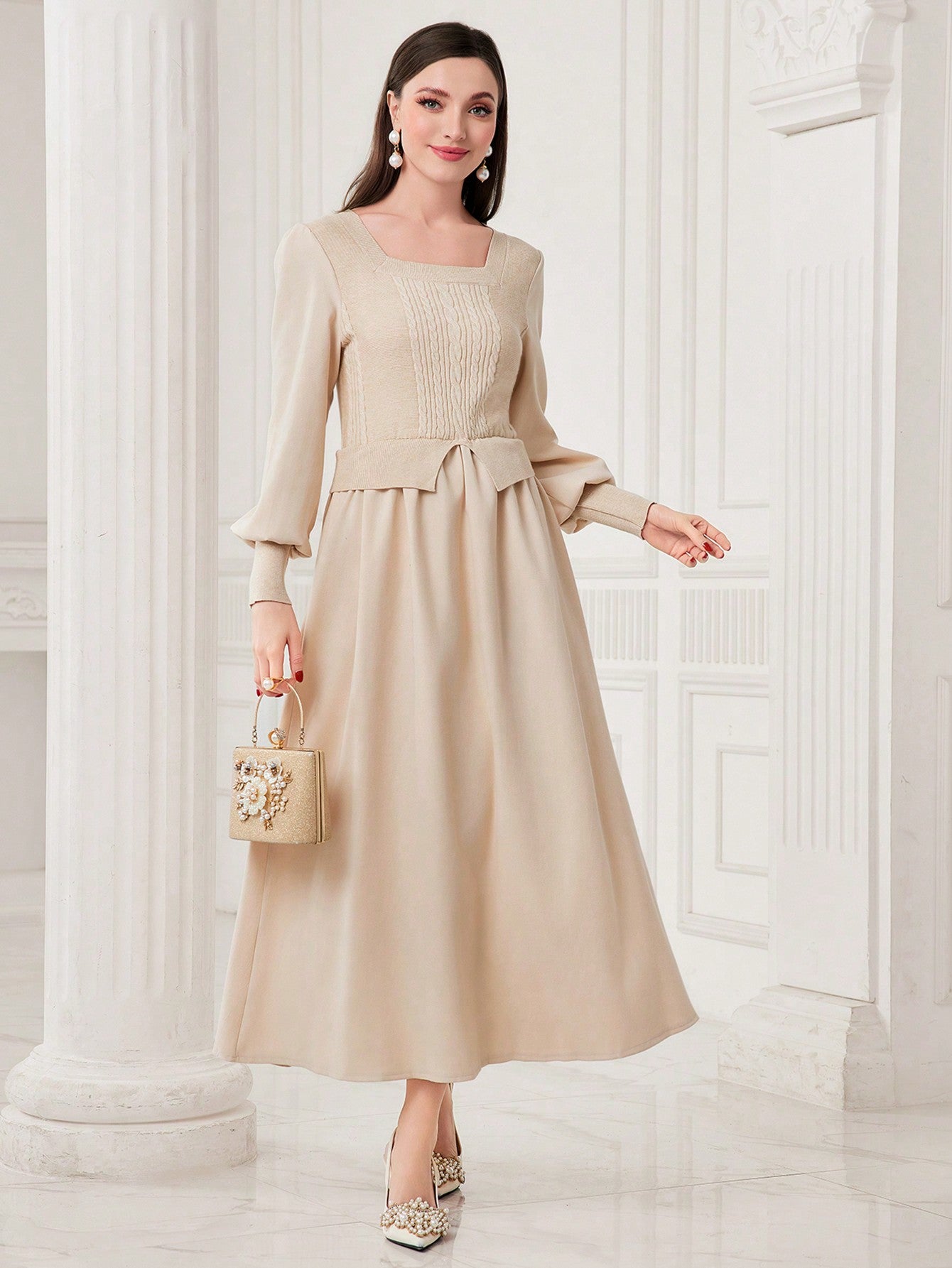 Square Neck Lantern Sleeve Dress