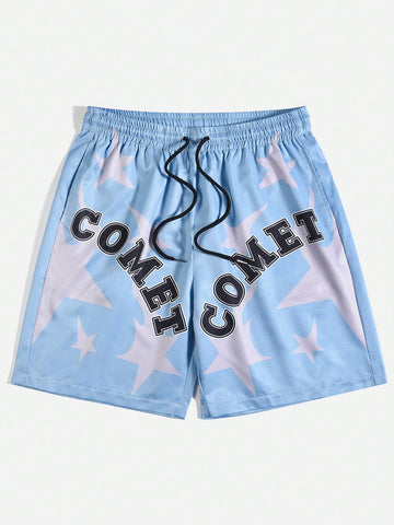 Men'S Letter & Five-Pointed Star Print Shorts With Drawstring Waist