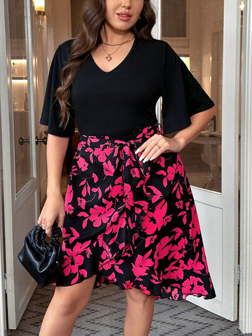 Plus Size Solid Color Top With Flower Printed Wrapped Skirt 2pcs/Set