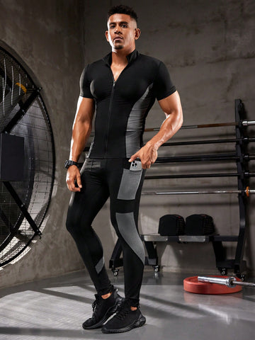 Men's Zippered Front Short Sleeve T-Shirt And Pocket Detail Leggings Sports Set, Athletic Suit, Tracksuit Workout Set Workout Set