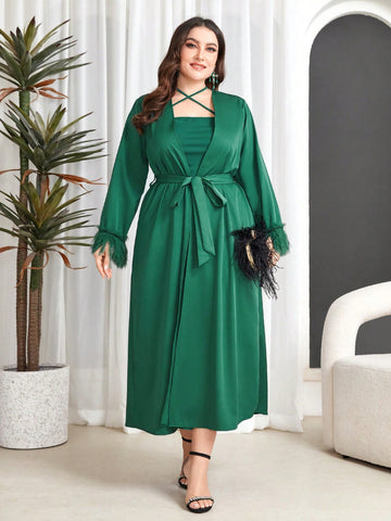 Plus Size Solid Color Halter Neck Dress With Sleeve Cuff Coat Two-Piece Set