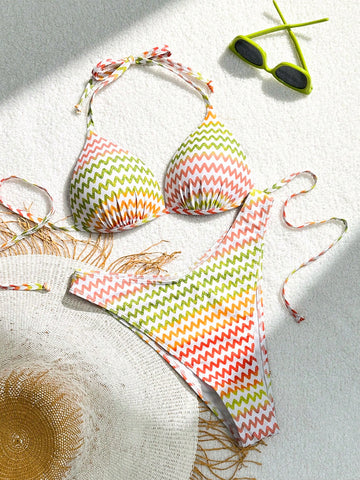 Women's Wave Stripe Print Halter Neck Separate Swimsuit Set Carnival