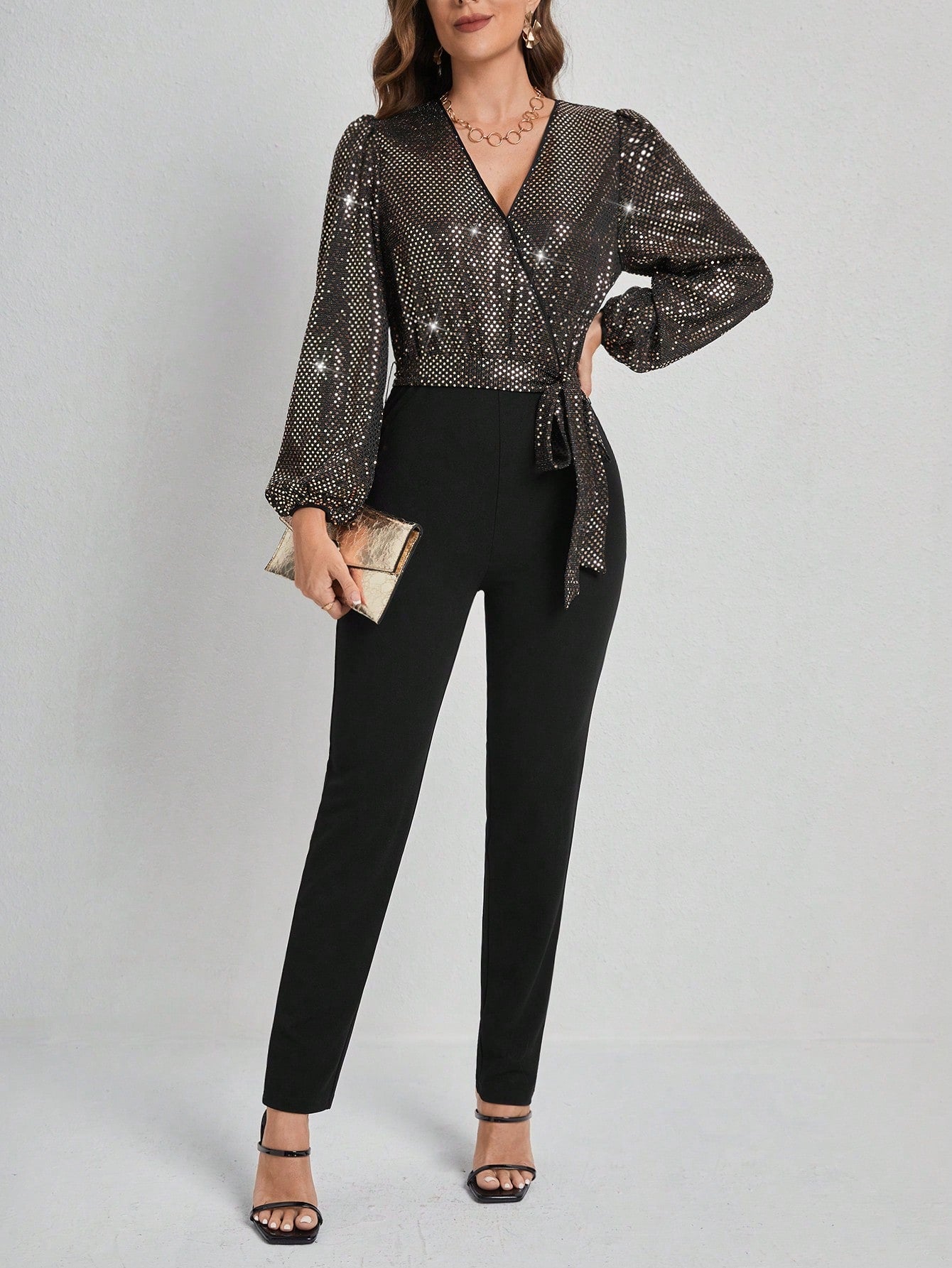 Women's Shiny Patchwork Lantern Sleeve Jumpsuit