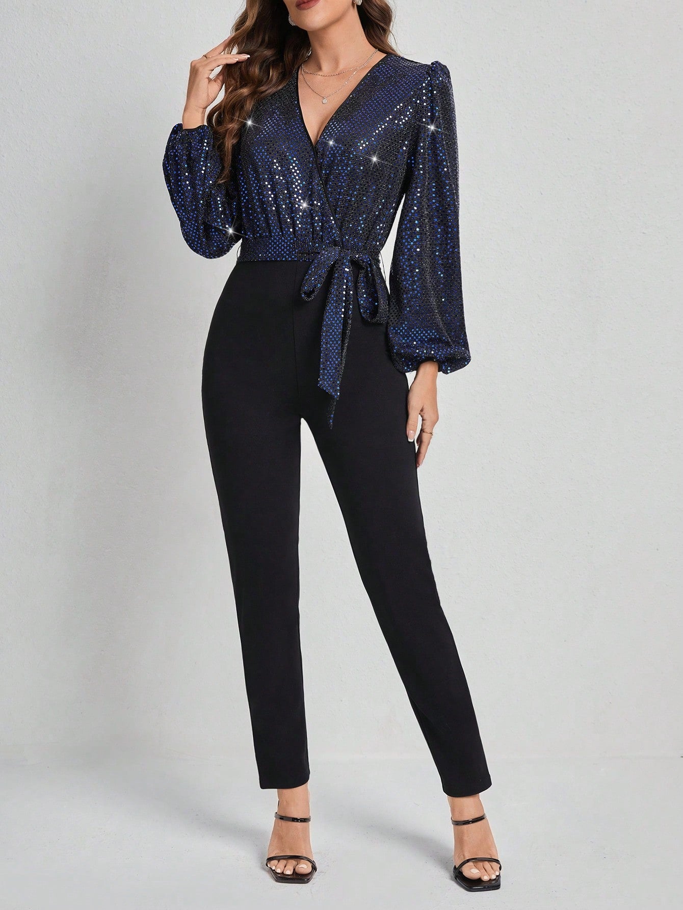 Women'S Glitter Sequin Patchwork Lantern Sleeve Belted Jumpsuit