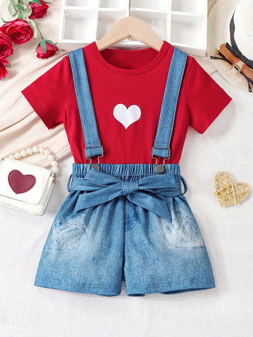 2pcs/Set Girls' Summer Love Heart Pattern Short Sleeve T-Shirt Tops And Denim Look Printed Casual Stretch Suspender Pants Outfit