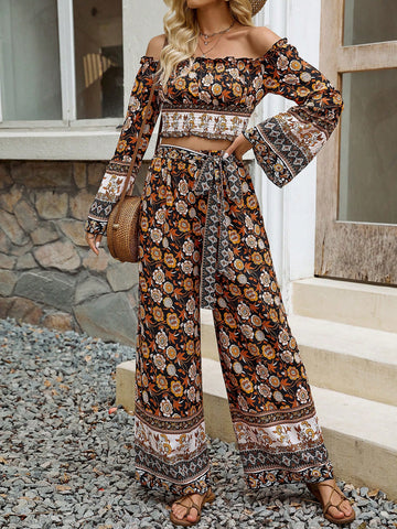 Open Shoulder Long Sleeve Printed Top And Belted Pants Set