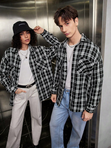 1pc Woven Plaid Patch Pockets Oversized Casual Shirt