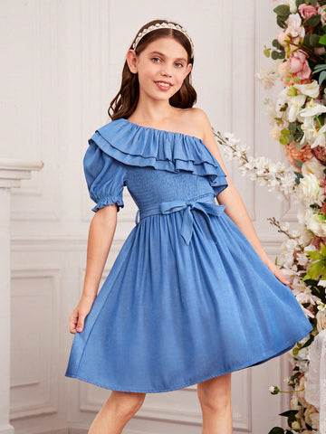 Tween Girls' Off-Shoulder Double Layer Ruffle Dress With Empire Waist