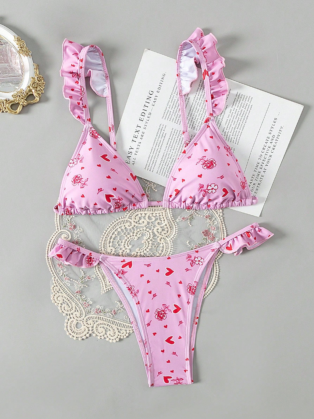 Women's Floral & Heart Print Bikini Set With Ruffle Trim Decoration Valentine