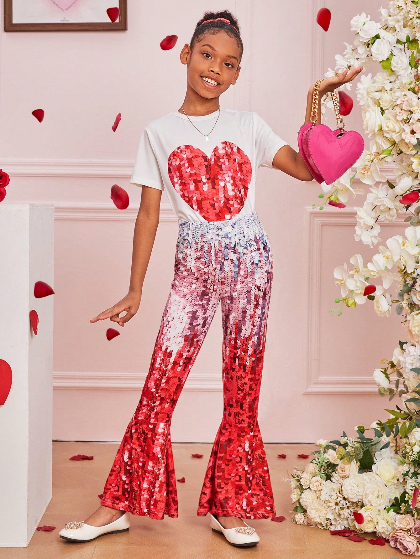 Tween Girl 2pcs/Set Elegant Sequin Heart Print Short Sleeve T-Shirt And Flare Leg Pants