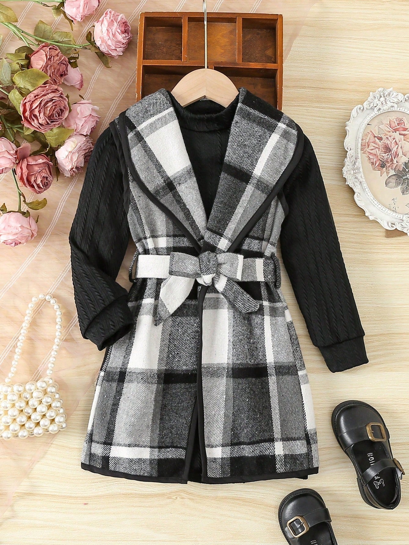 Toddler Girls' Stand Collar Long Sleeve Dress And Plaid Vest Coat Cute Casual 2pcs Outfit