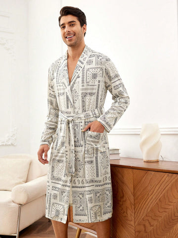 Men's Paisley Print Robe With Two Pockets And Waist Belt