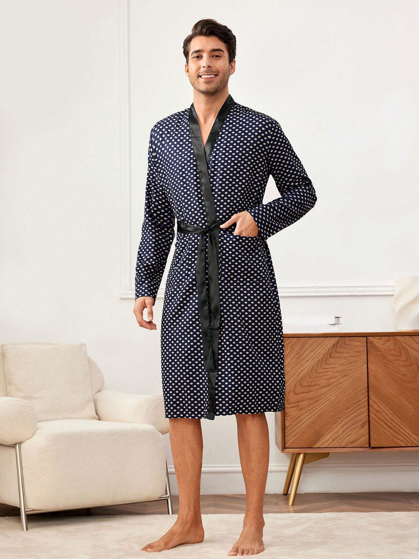 Men'S Double Pocket Polka Dot Printed Bathrobe For Home