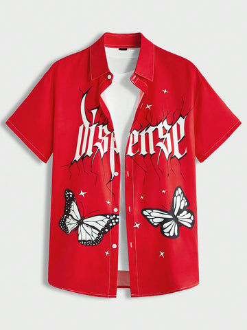 Men'S Butterfly And Letter Print Short Sleeve Shirt