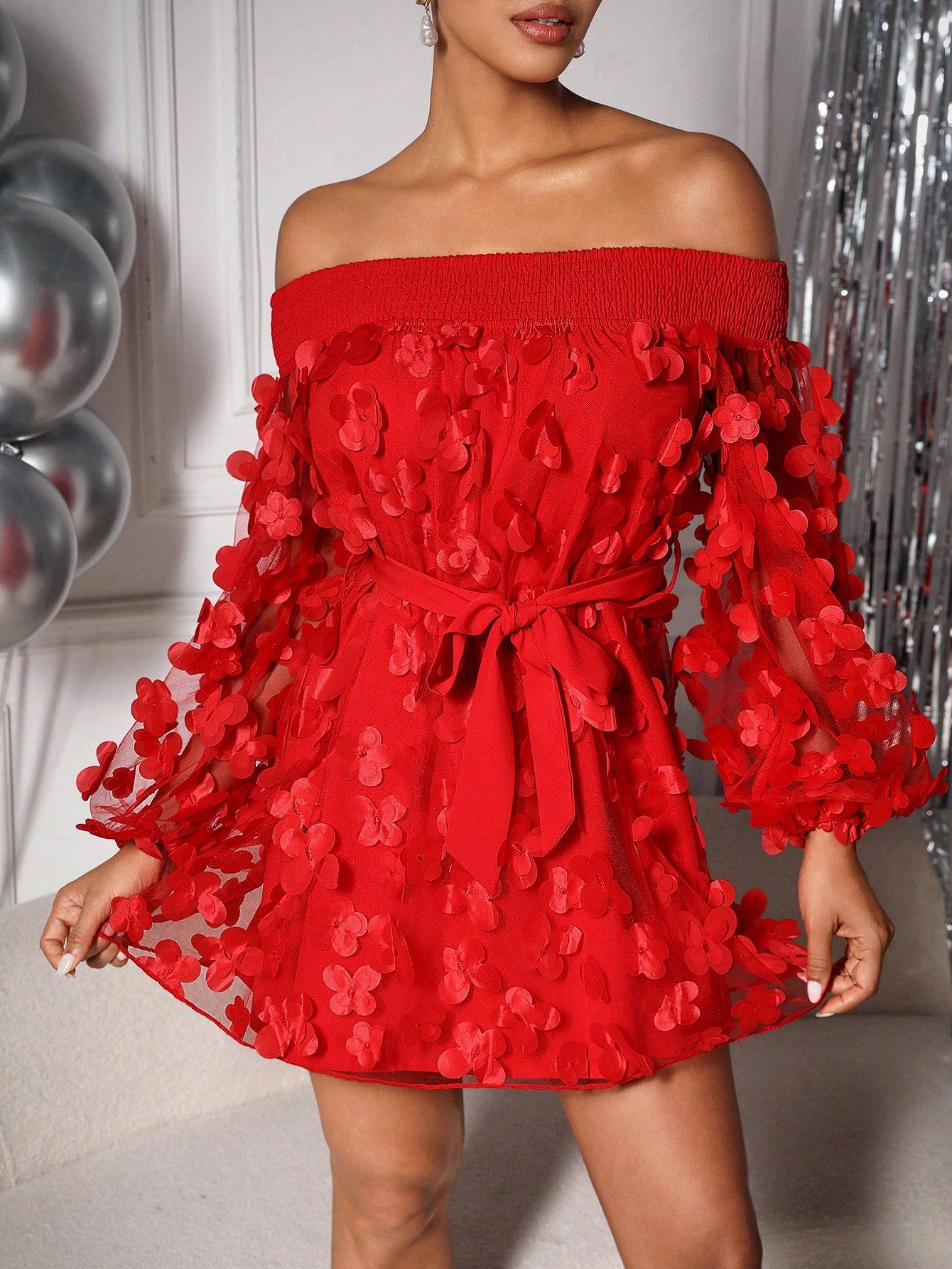 Women Valentine's Day Fashion See-Through Butterfly & 3d Flower Off Shoulder Lantern Sleeve Dress With Tie Waist