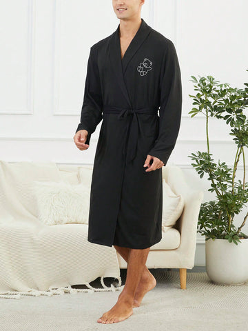 Men'S Cartoon Bear Pattern Long Sleeve Belted Robe