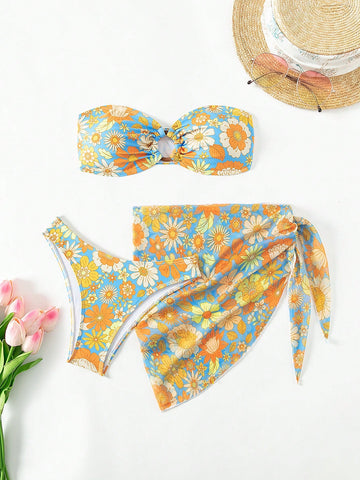 Flower Pattern Strapless Top Circular Ring Bikini Set (3pcs/Set) Carnival