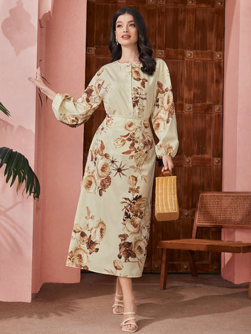 Women'S Floral Print Lantern Sleeve Two-Piece Set