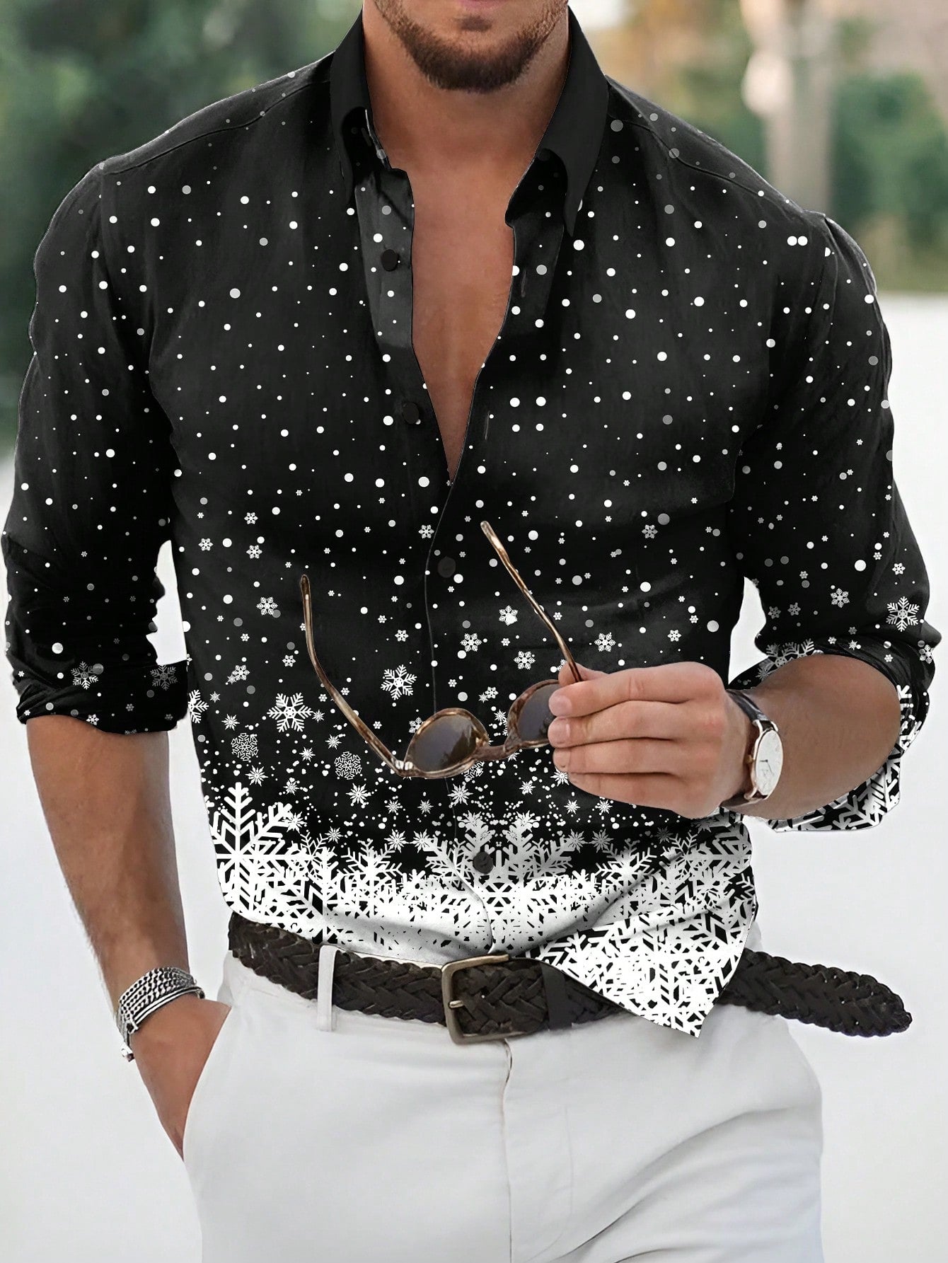 Men's Snowflake Printed Button Front Shirt