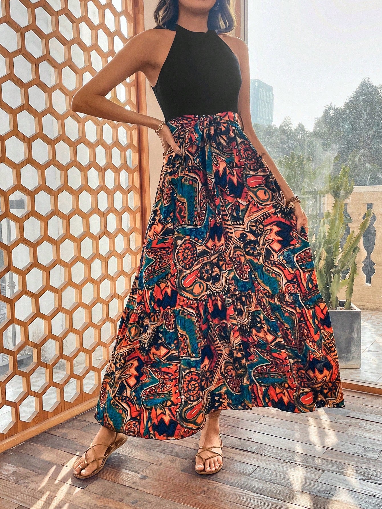 Pattern Printed Sleeveless Halter Dress